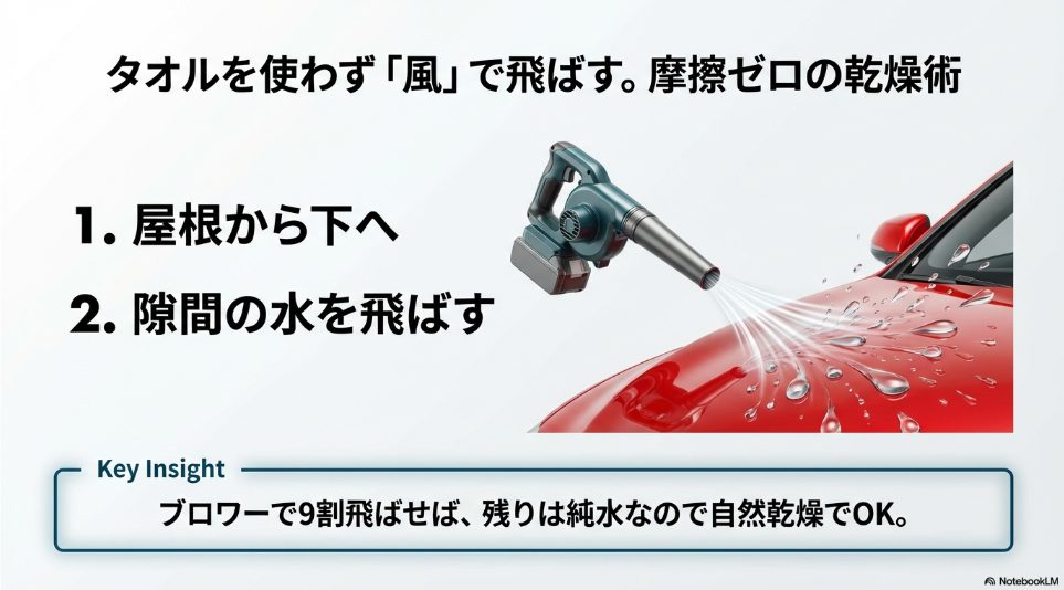 コードレスブロワーを使って、赤い車のボンネット上の水滴を風圧で吹き飛ばしている様子。摩擦ゼロの乾燥術。