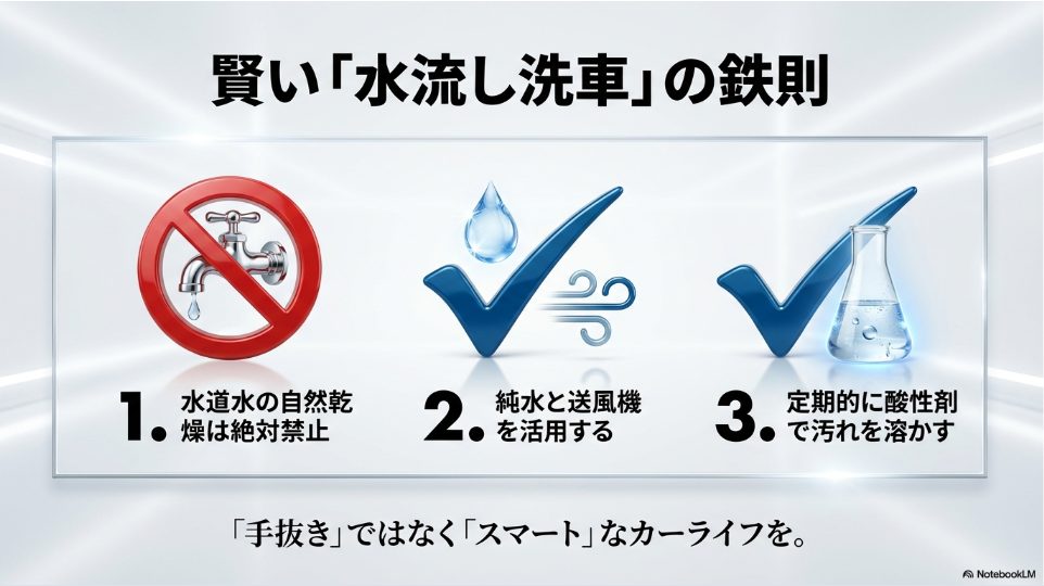 水道水の自然乾燥禁止、純水と送風機の活用、定期的な酸性剤リセットという3つの重要ポイントをまとめたチェックリスト画像。