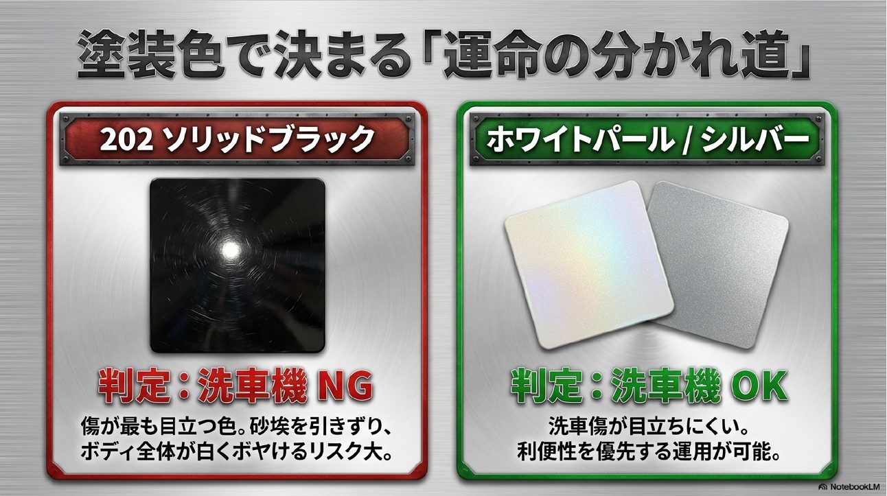 202ブラックとホワイトパールの洗車傷リスク比較