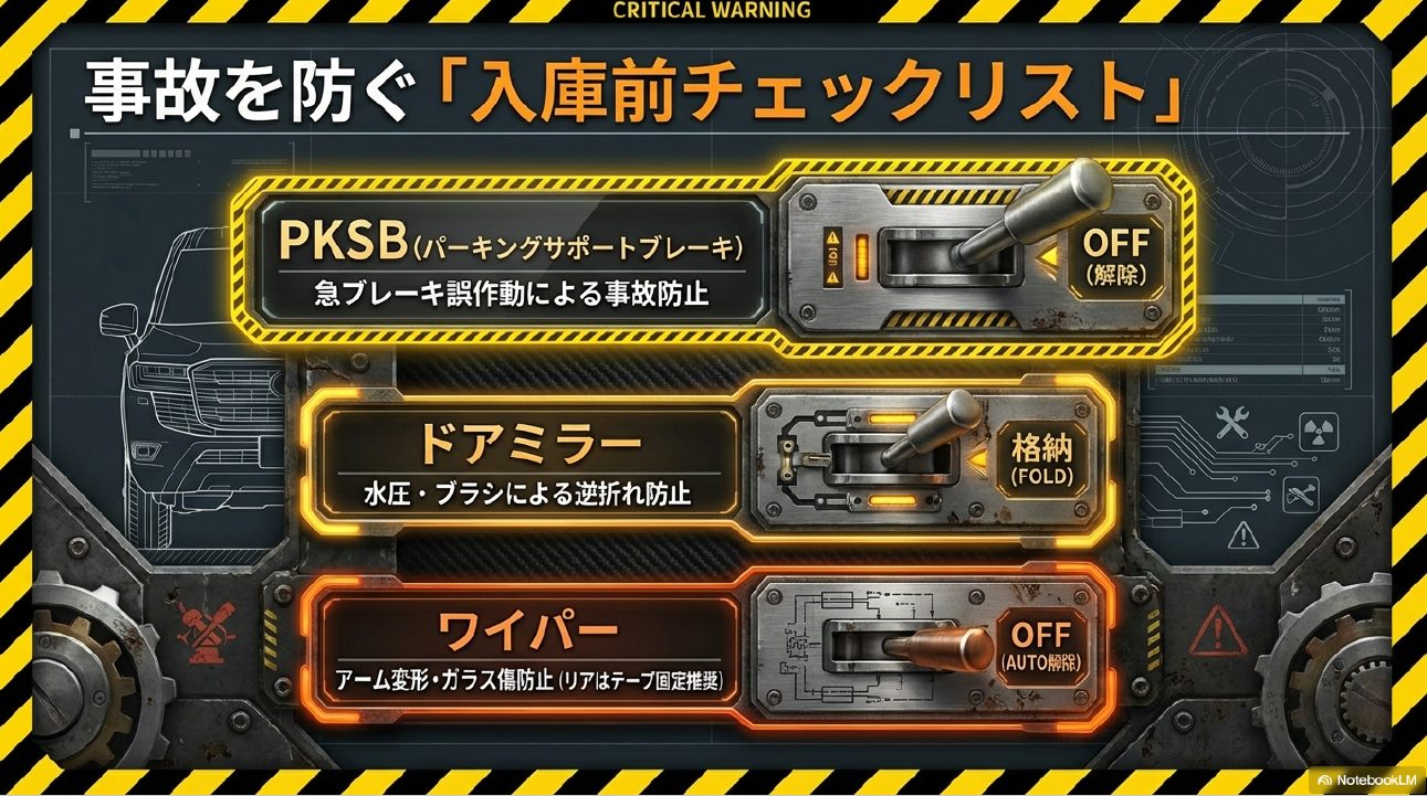 洗車機入庫前の安全チェックリスト（PKSB・ミラー・ワイパー）