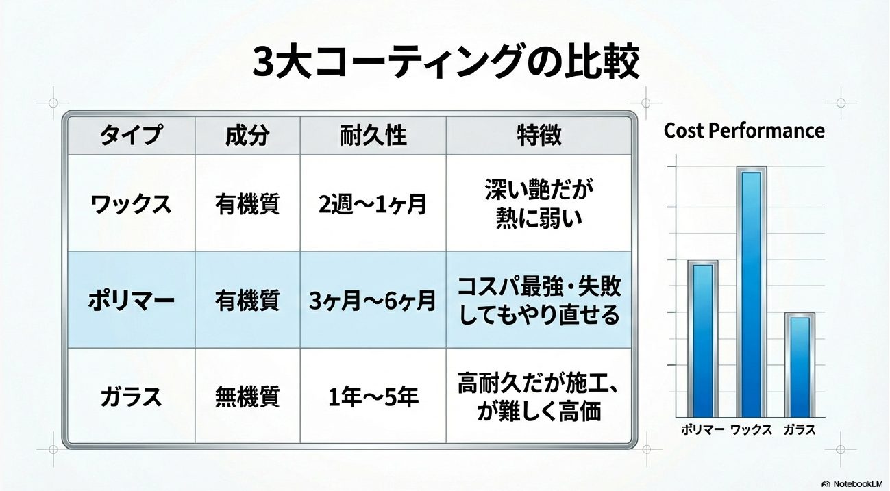 グラフと表で比較するワックス・ポリマー・ガラスコーティングの耐久性とコストパフォーマンスの違い