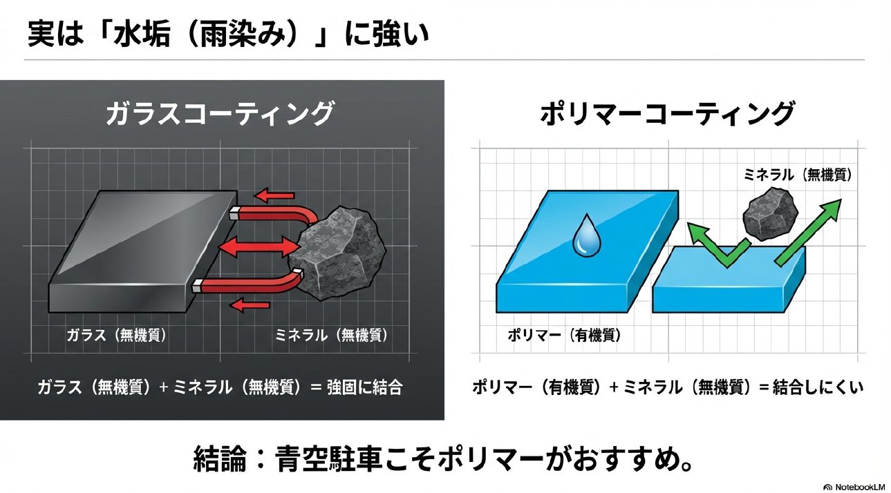 有機質ポリマーと無機質ガラスコーティングにおける水垢（イオンデポジット）付着メカニズムの違い