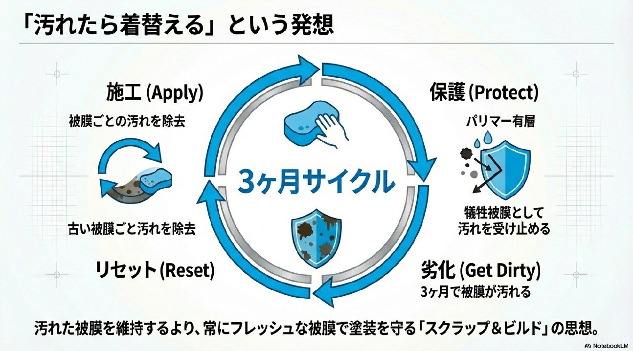 ポリマー洗車の理想的な3ヶ月メンテナンスサイクルと犠牲被膜（スクラップ＆ビルド）の概念図