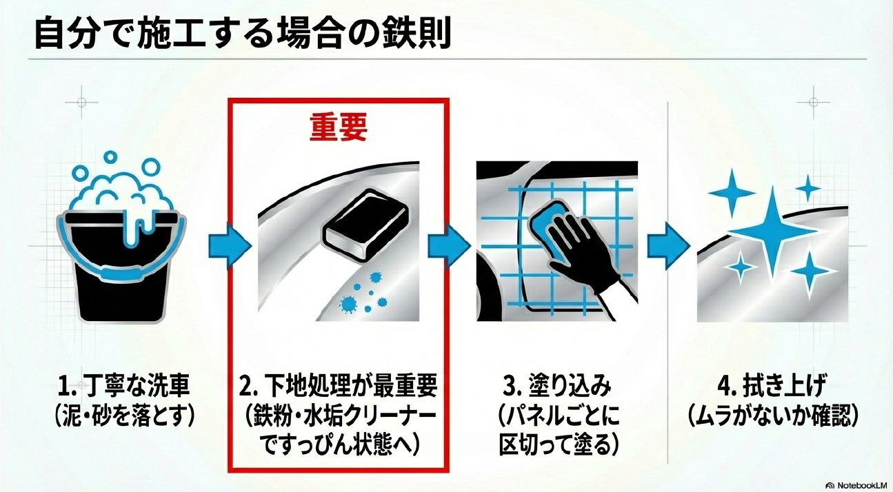 初心者でも失敗しないDIYポリマーコーティングの正しい施工4ステップ（洗車・下地処理・塗布・拭き上げ）