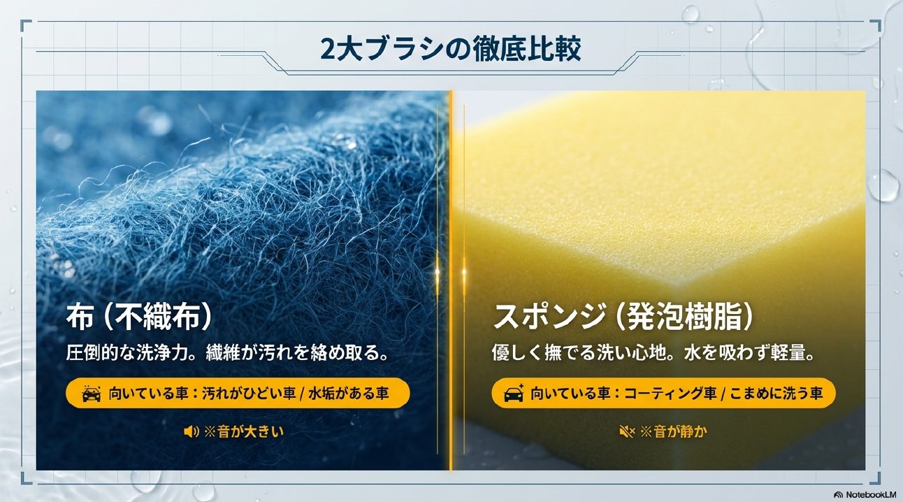 洗車機の布ブラシ（不織布）とスポンジブラシ（発泡樹脂）の素材比較スライド