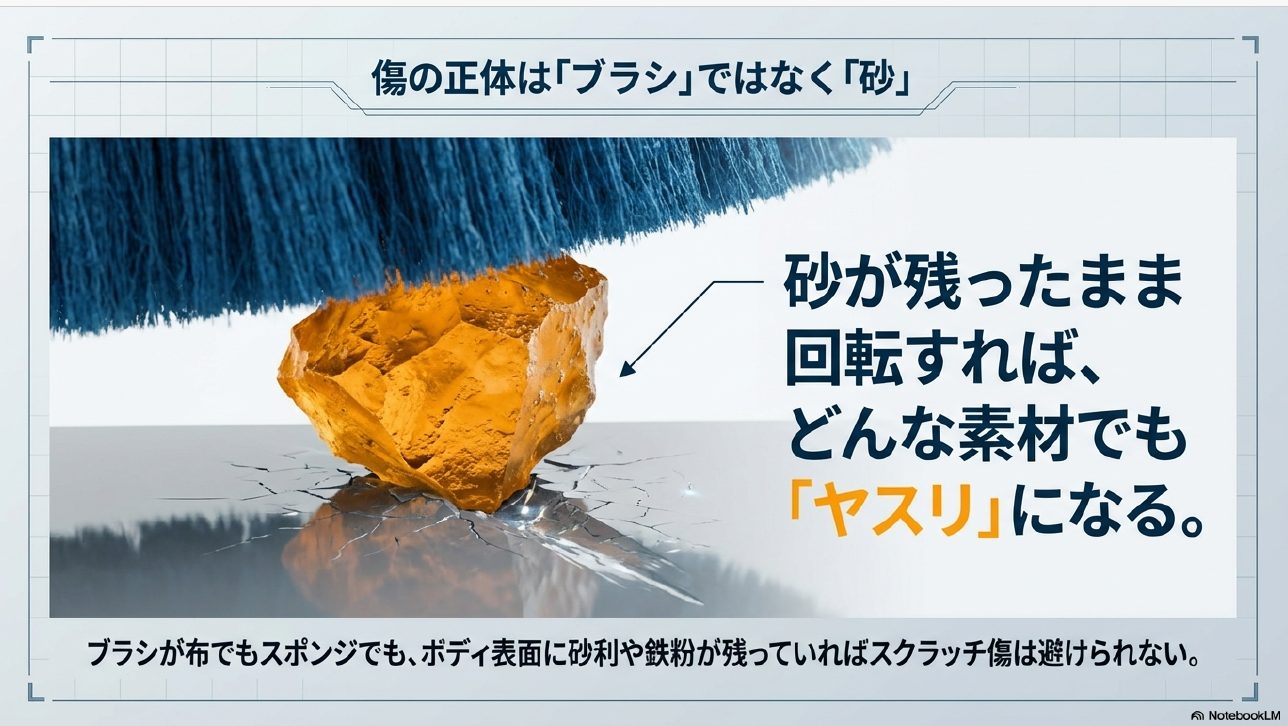 洗車傷の正体はブラシではなく砂であることを解説したスライド