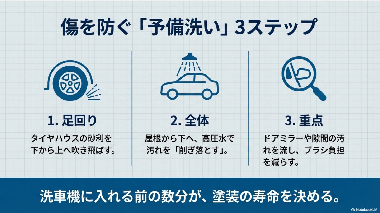 傷を防ぐための予備洗い3ステップ（足回り・全体・重点箇所）の図解スライド