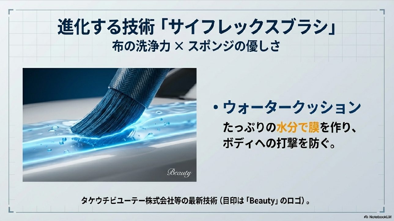 タケウチビユーテーのサイフレックスブラシとBeautyロゴの解説スライド