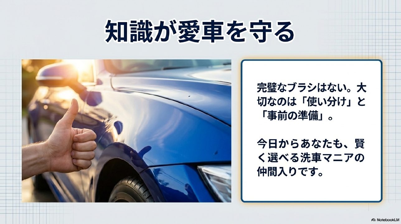 洗車ブラシ選びの結論・知識が愛車を守るというメッセージスライド