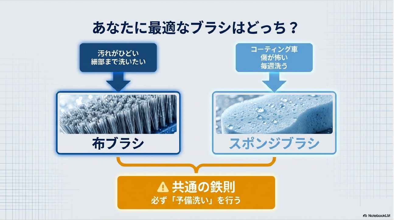 自分に合った洗車ブラシの選び方フローチャートスライド