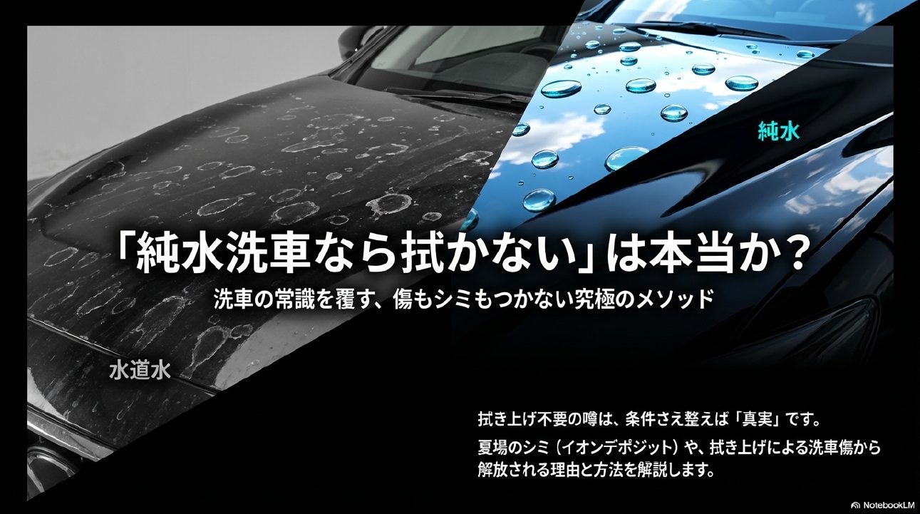 純水洗車なら拭き上げ不要という噂の真実について解説するスライドの表紙