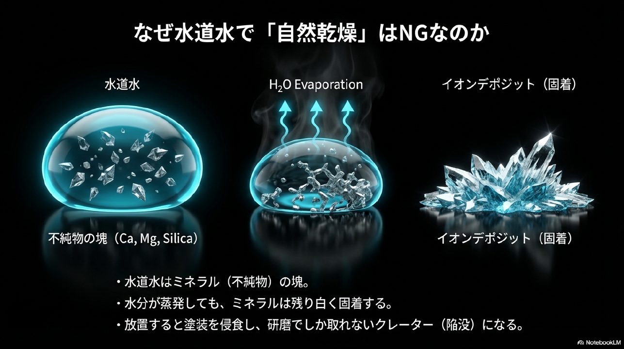水道水に含まれるミネラル分が蒸発時に結晶化し、塗装面に固着する様子を図解したスライド