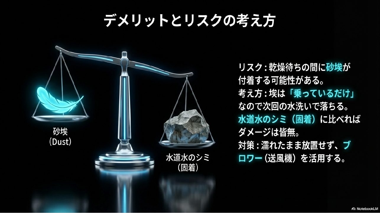 自然乾燥中に付着する砂埃のリスクと、水道水のシミと比較した場合の安全性について解説したスライド