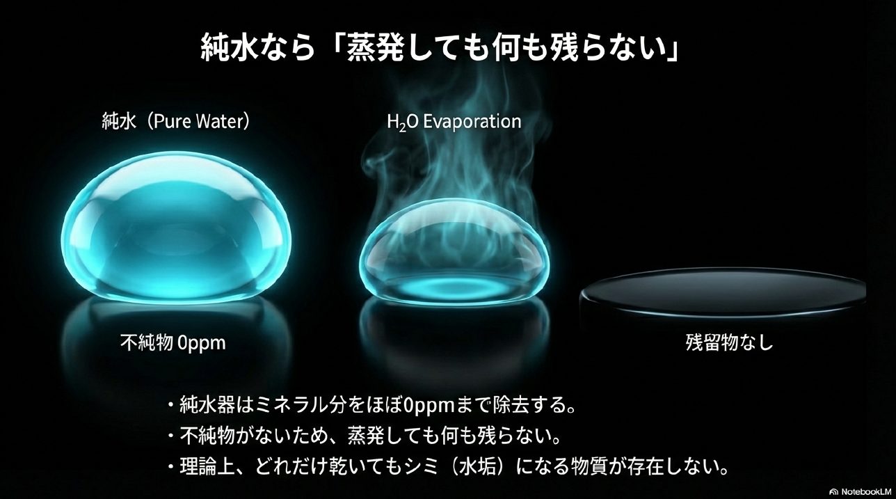 不純物0ppmの純水が蒸発し、何も残留物を残さない様子を示した比較図解スライド