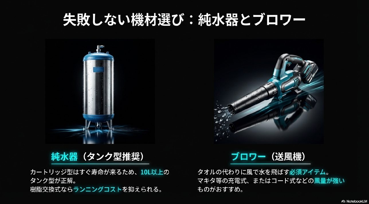 洗車効率を上げるためのタンク型純水器とマキタ製ブロワーの製品イメージ