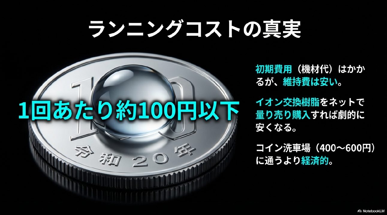 タンク型純水器と詰め替え樹脂を使用した際の1回あたりの洗車コストが約100円以下になることを示したスライド