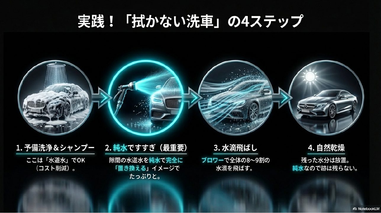 予備洗浄から純水すすぎ、ブロワー、自然乾燥までの具体的な洗車手順をまとめたスライド