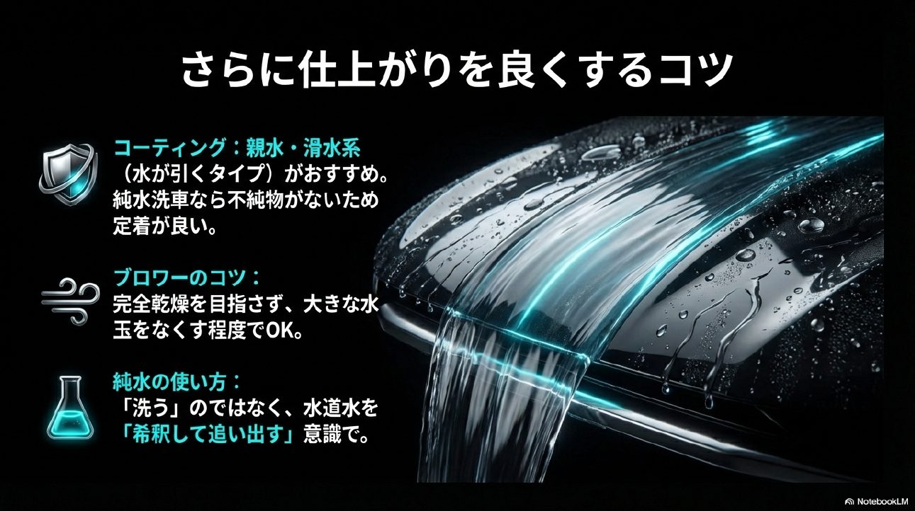 親水系コーティングの推奨や、純水による置換すすぎのポイントをまとめたスライド