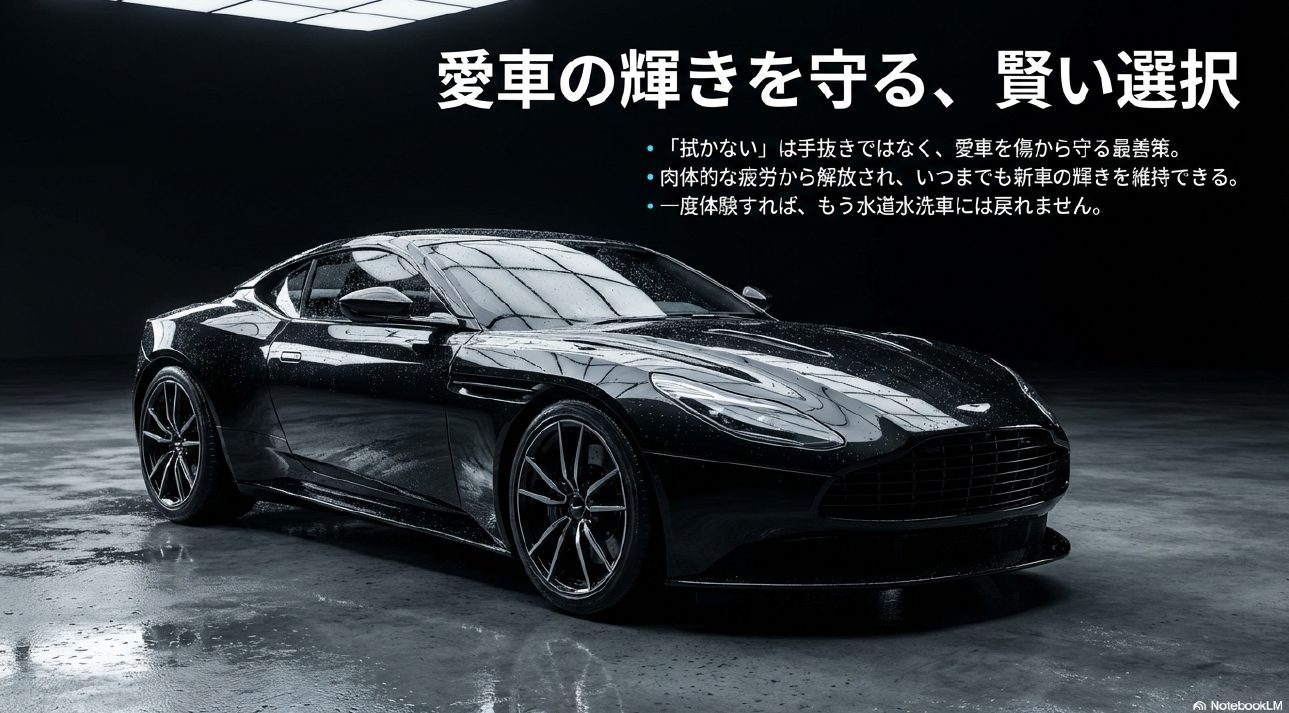 拭かない洗車が愛車を守る最善策であることを伝る結論スライド