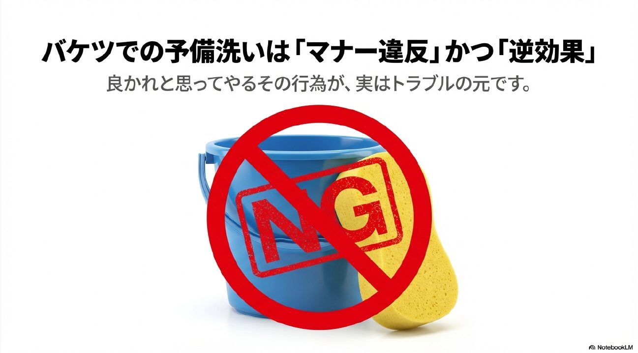 ガソリンスタンドでバケツを使った手動の予備洗いはマナー違反かつ逆効果であるため禁止
