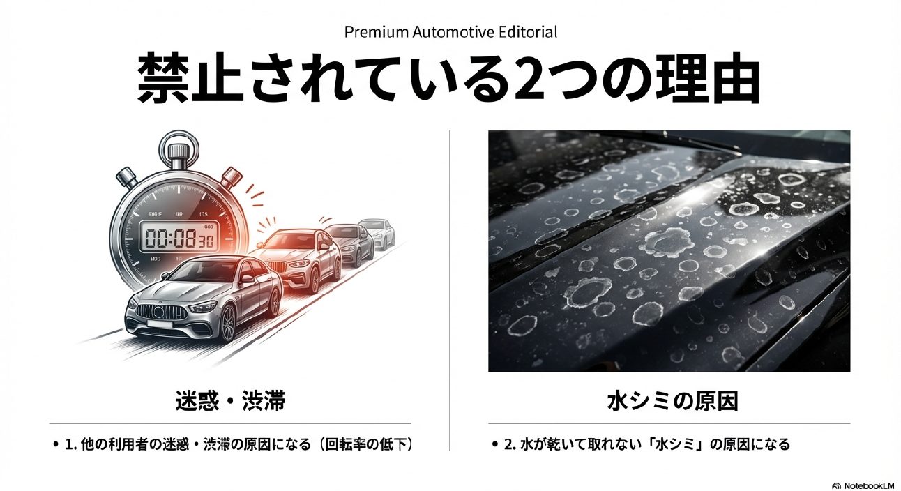 洗車機での予備洗いが禁止されている2つの理由：他の利用者の迷惑・渋滞と水シミの原因