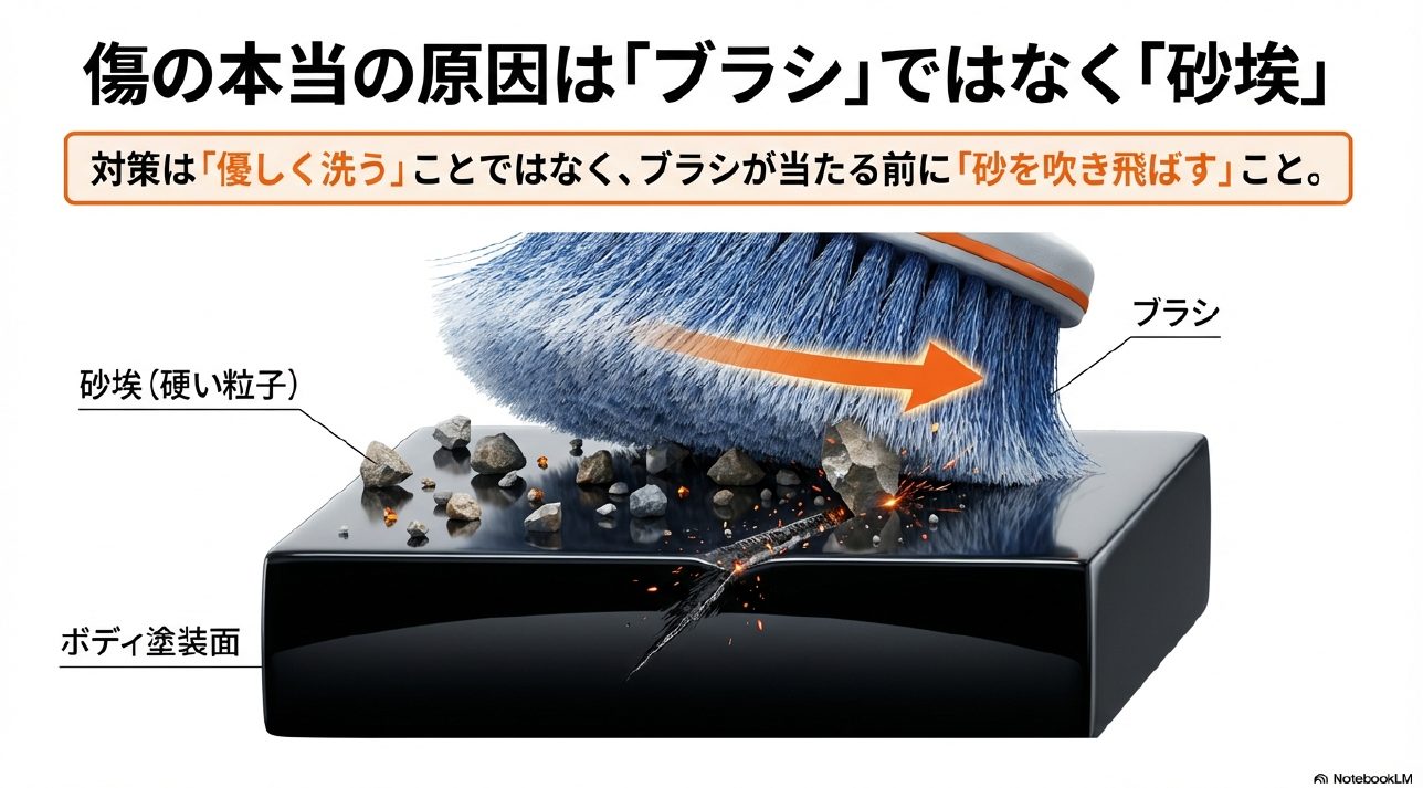 洗車傷の本当の原因はブラシではなく砂埃（硬い粒子）であり、これを吹き飛ばす必要があることを示す図