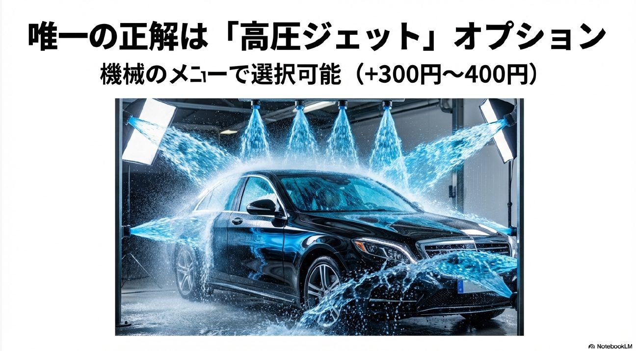 ネオス洗車機で予備洗いの唯一の正解である高圧ジェットオプションの使用イメージ