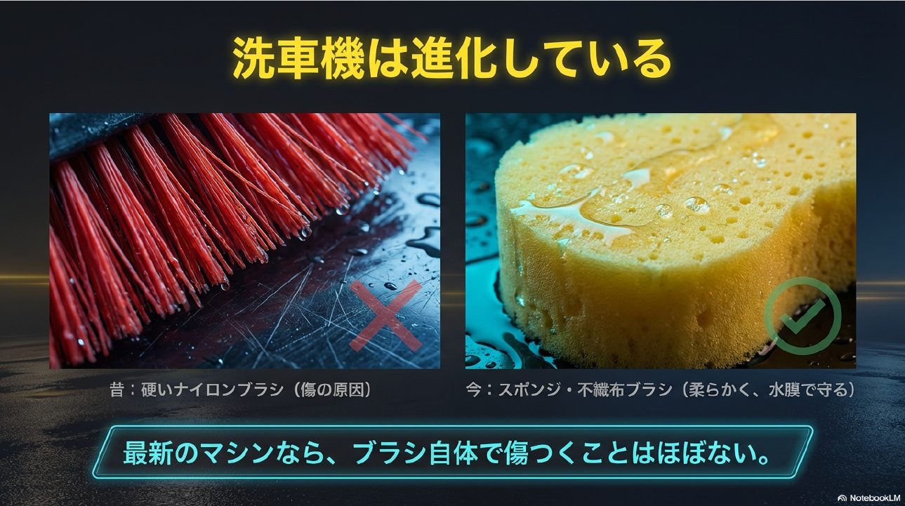 旧式の硬いナイロンブラシと最新の柔らかいスポンジブラシの比較画像