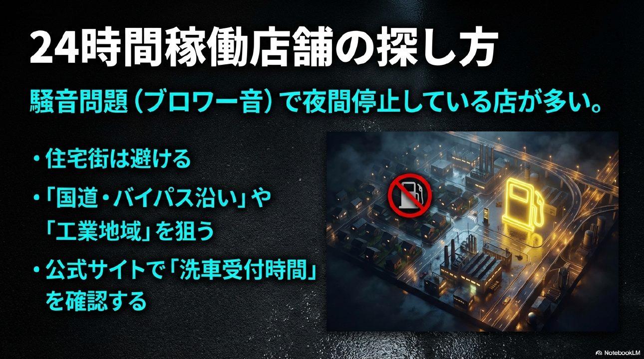 深夜営業しているドライブスルー洗車場の探し方と騒音問題による制限エリア