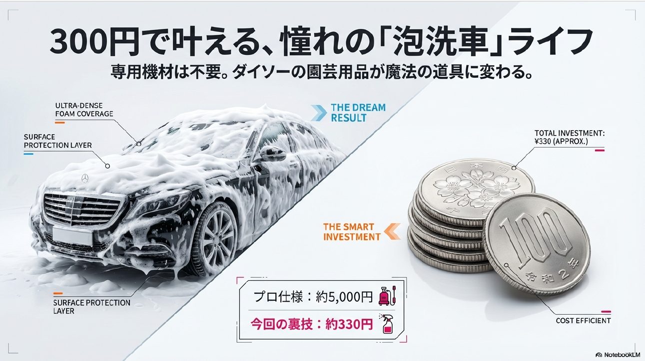 ダイソーの園芸用品を使った300円泡洗車とプロ仕様機材のコスト比較イメージ