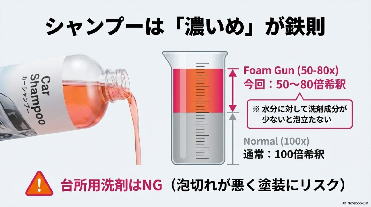 泡洗車用にカーシャンプーを希釈する際の最適な濃度目安（通常より濃いめにする理由）