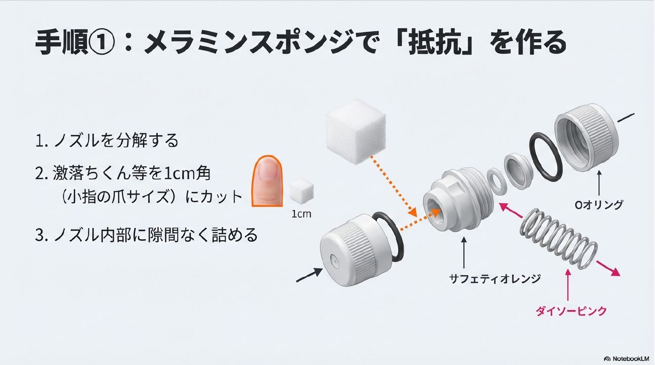 噴霧器のノズルを分解してメラミンスポンジをフィルターとして詰める改造手順の図解