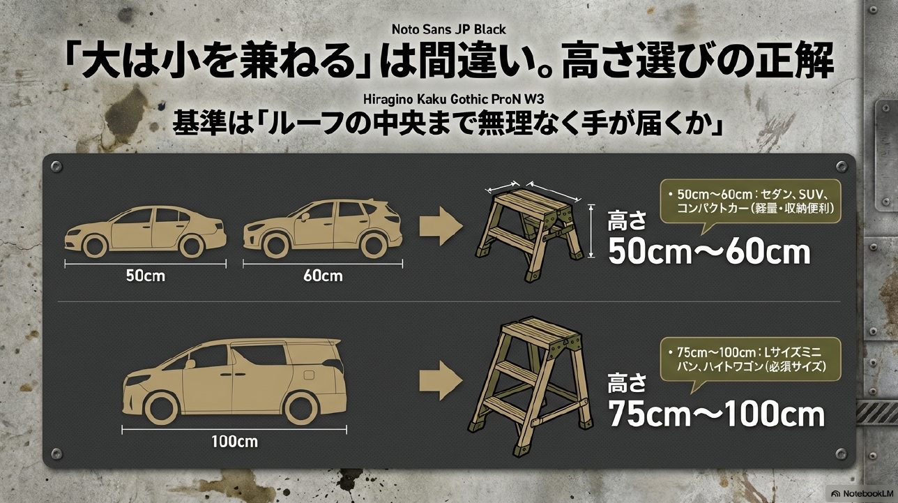 セダンやSUVには50-60cm、ミニバンやハイトワゴンには75-100cmの高さが必要であることを示した図解