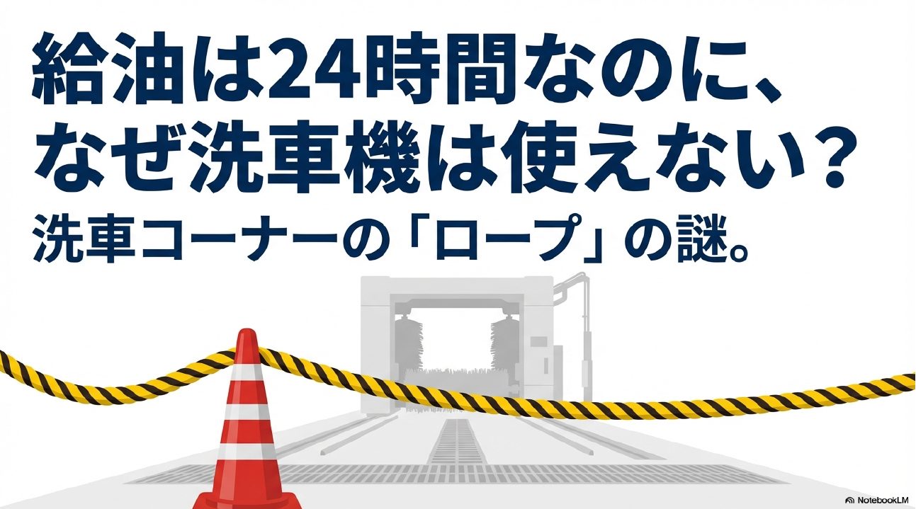 給油は24時間営業なのになぜ洗車機は使えないのか、洗車コーナーにあるロープの謎についての解説図