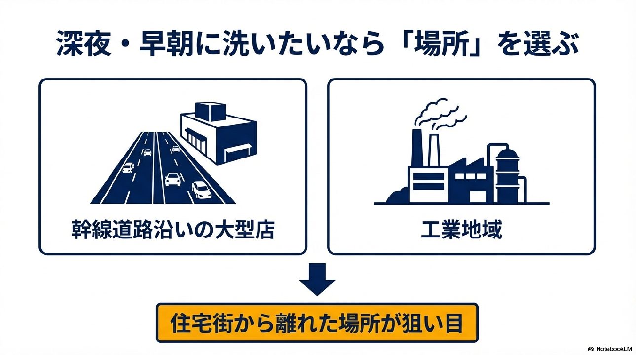 深夜や早朝に洗車したい場合に狙い目となる、幹線道路沿いの大型店や工業地域にあるガソリンスタンドのイラスト