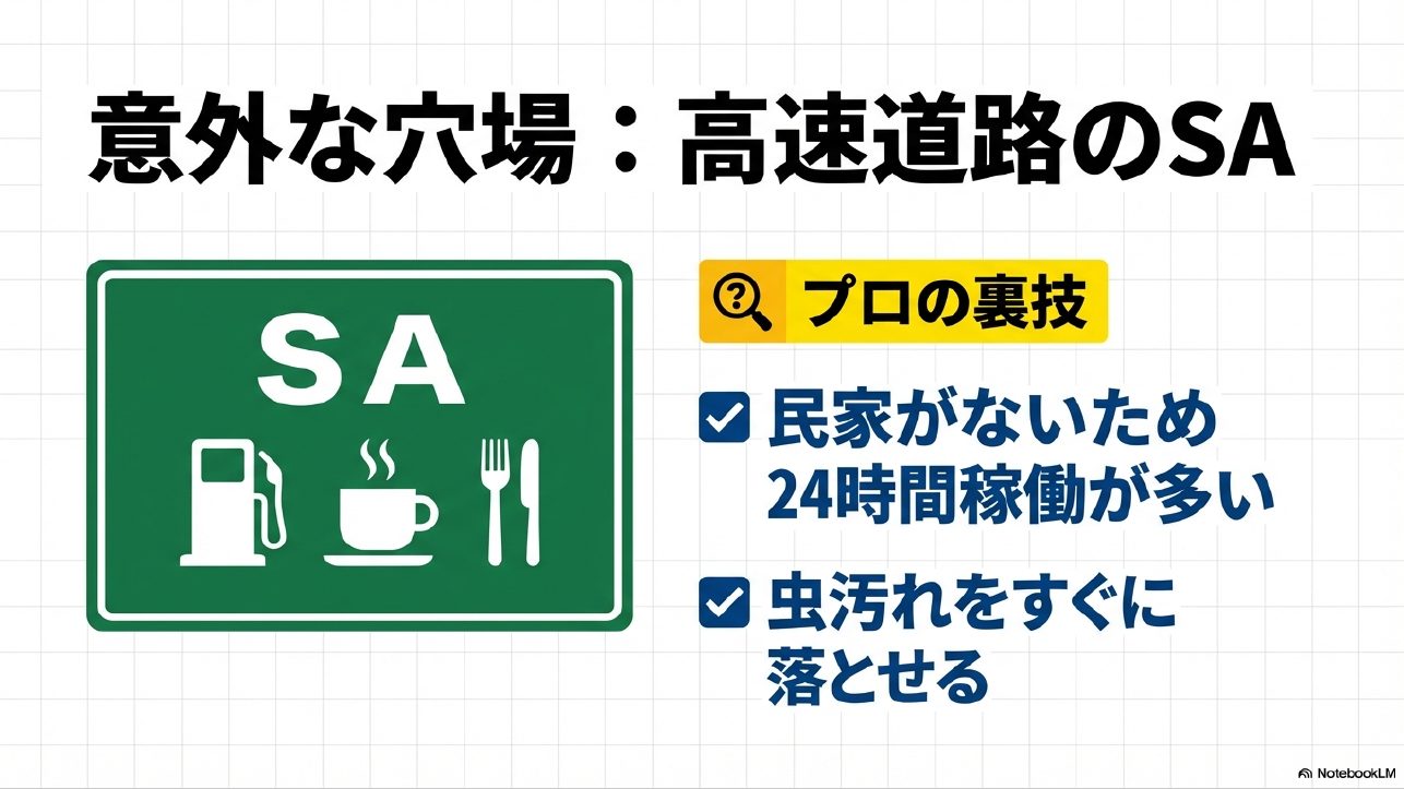 民家がないため24時間稼働が多く、虫汚れをすぐに落とせる高速道路サービスエリア（SA）の洗車活用術