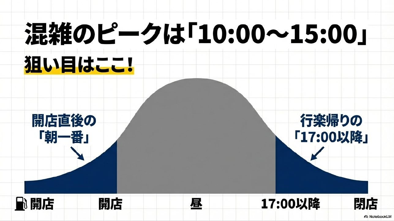 洗車機が混雑する10時から15時を避け、開店直後の朝一番や行楽帰りの17時以降を推奨するグラフ