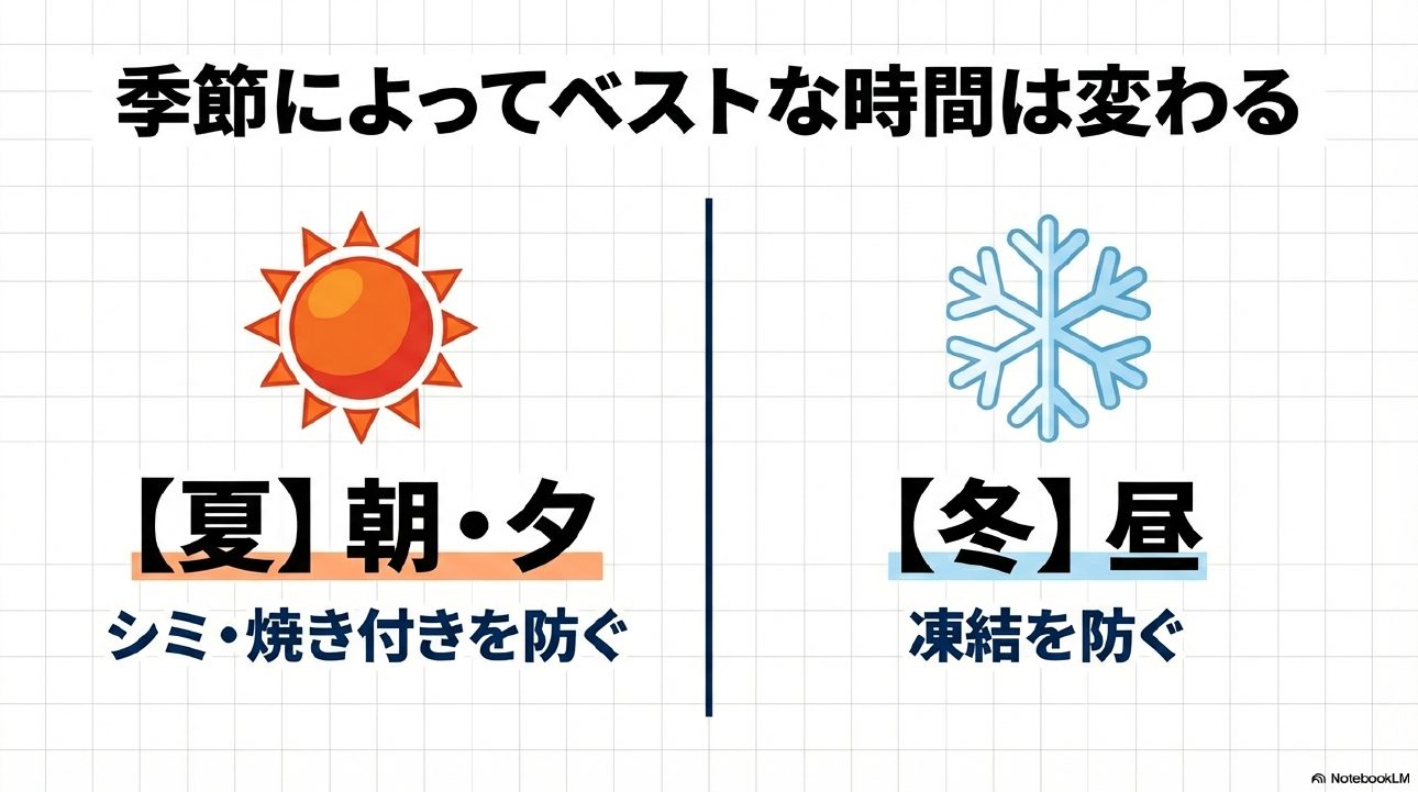 夏はシミを防ぐために朝夕、冬は凍結を防ぐために昼間が最適な洗車時間であることを示すアイコン