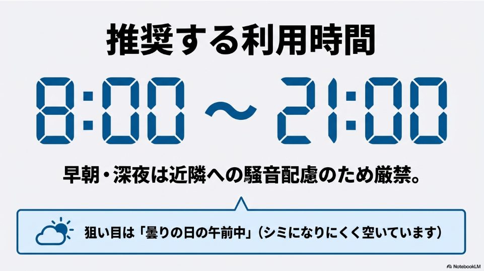 洗車ランドホワイトベルの推奨営業時間（8:00-21:00）と混雑しにくい曇りの日の利用提案