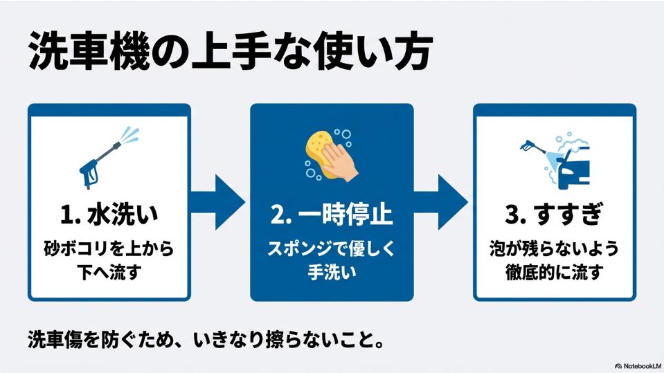 コイン洗車機の使い方フロー図：水洗い予備洗浄から一時停止を活用した手洗い、すすぎまでの3ステップ
