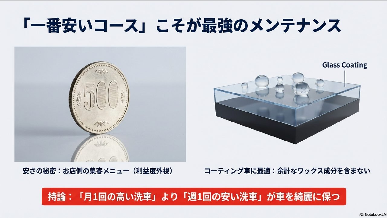 500円玉とガラスコーティングのイメージ図。一番安いコースがメンテナンスに最適な理由解説