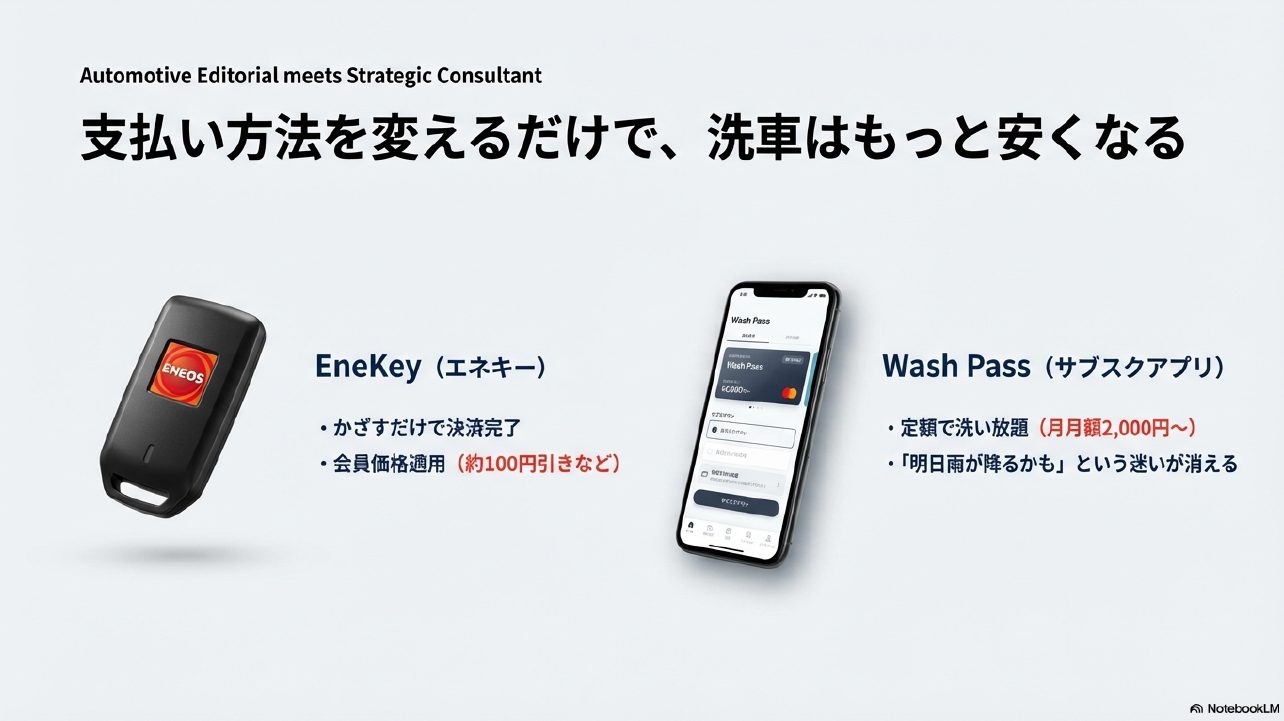エネキーと洗車サブスクアプリWash Passのアイコン。キャッシュレス決済による割引イメージ