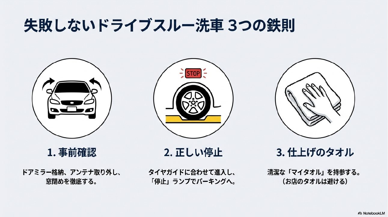 ドアミラー格納、正しい停止位置、拭き上げタオルの準備を示すアイコンイラスト