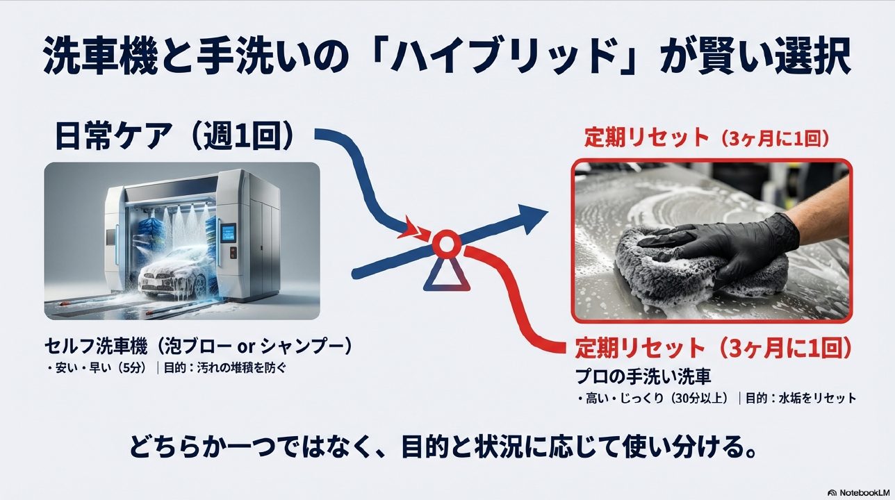 セルフ洗車機とプロの手洗い洗車を使い分けるハイブリッド洗車の比較図