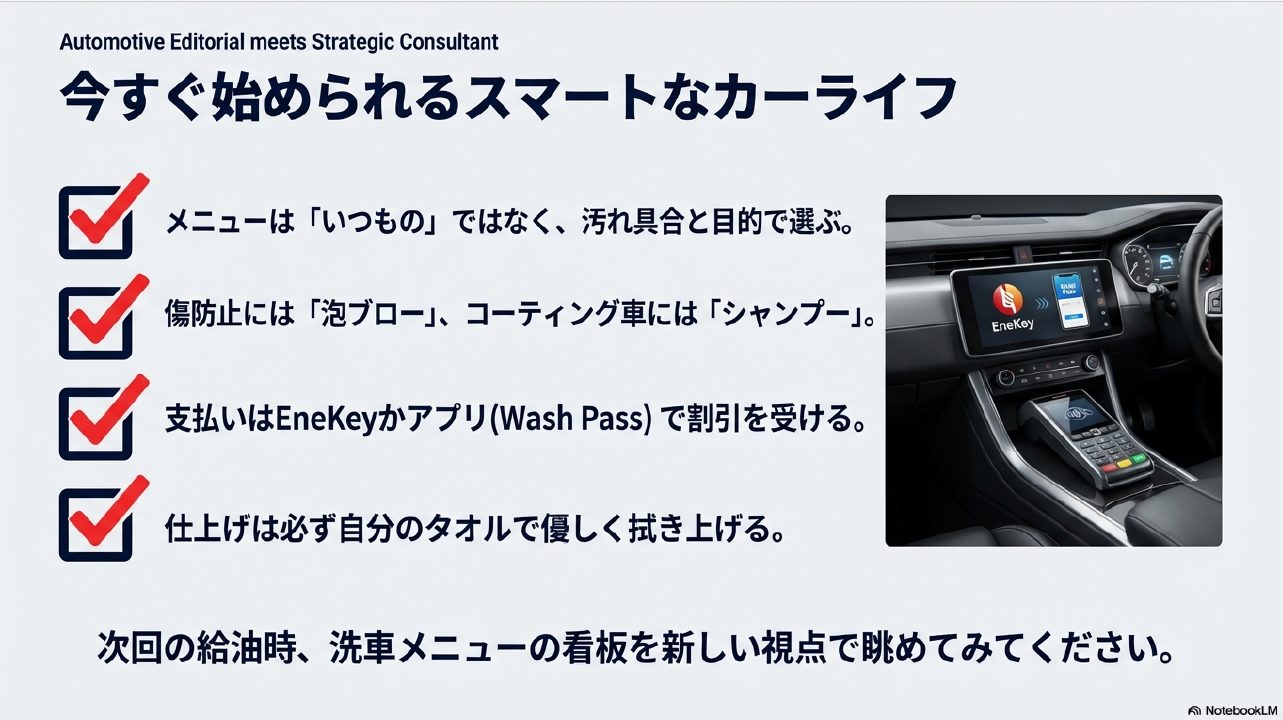 汚れ具合でメニューを選びEneKeyで支払うスマートなカーライフのまとめスライド