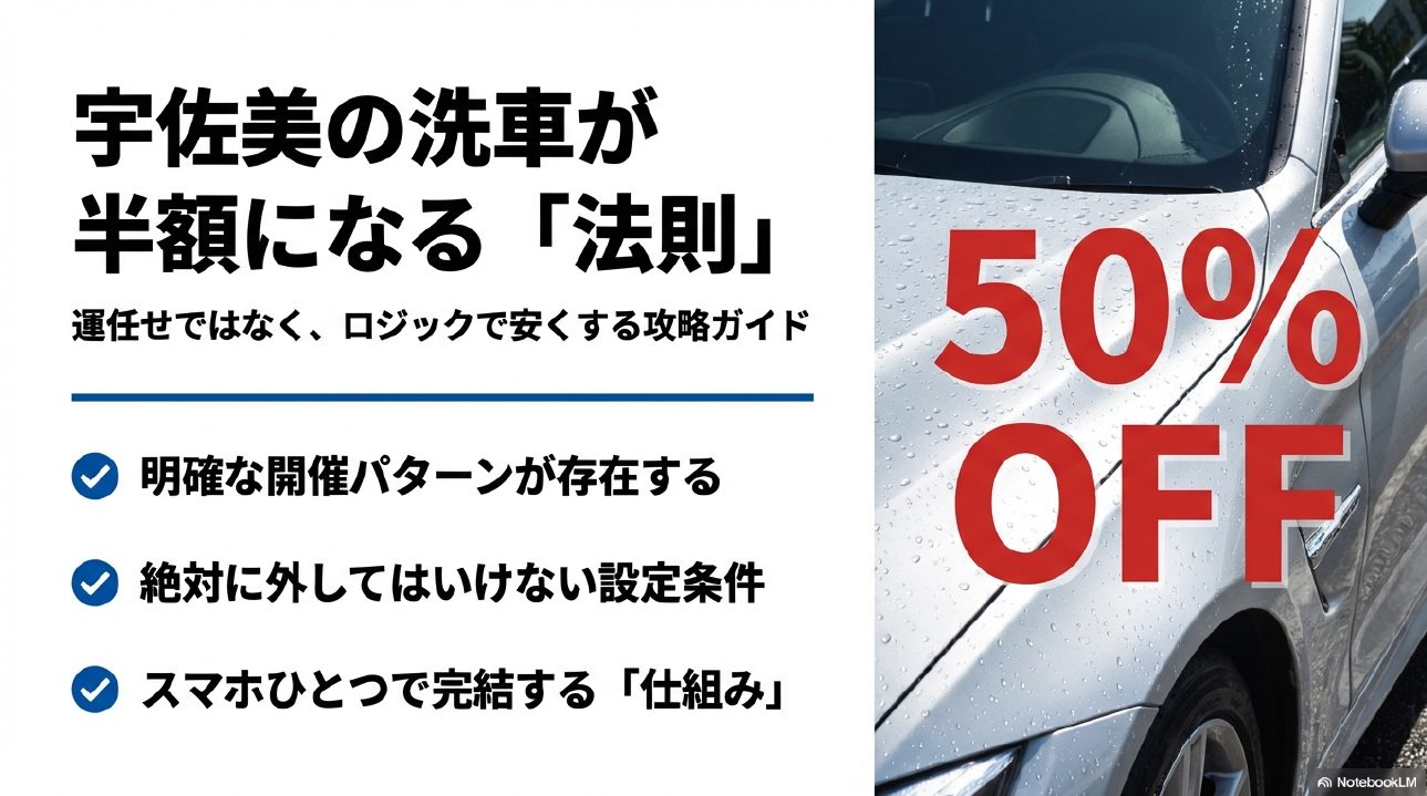 宇佐美の洗車が半額になる法則と50%OFFのイメージ画像