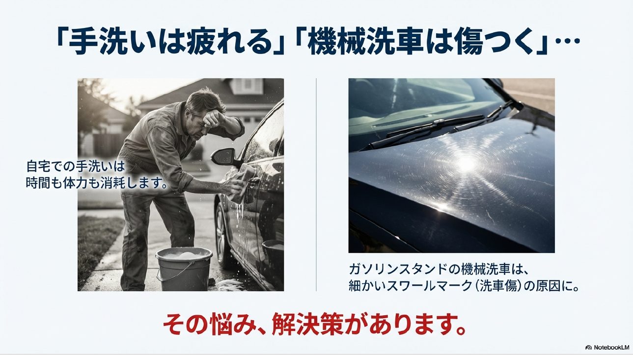 自宅での手洗い洗車の疲労と、機械洗車によるボディの洗車傷（スワールマーク）の比較イメージ