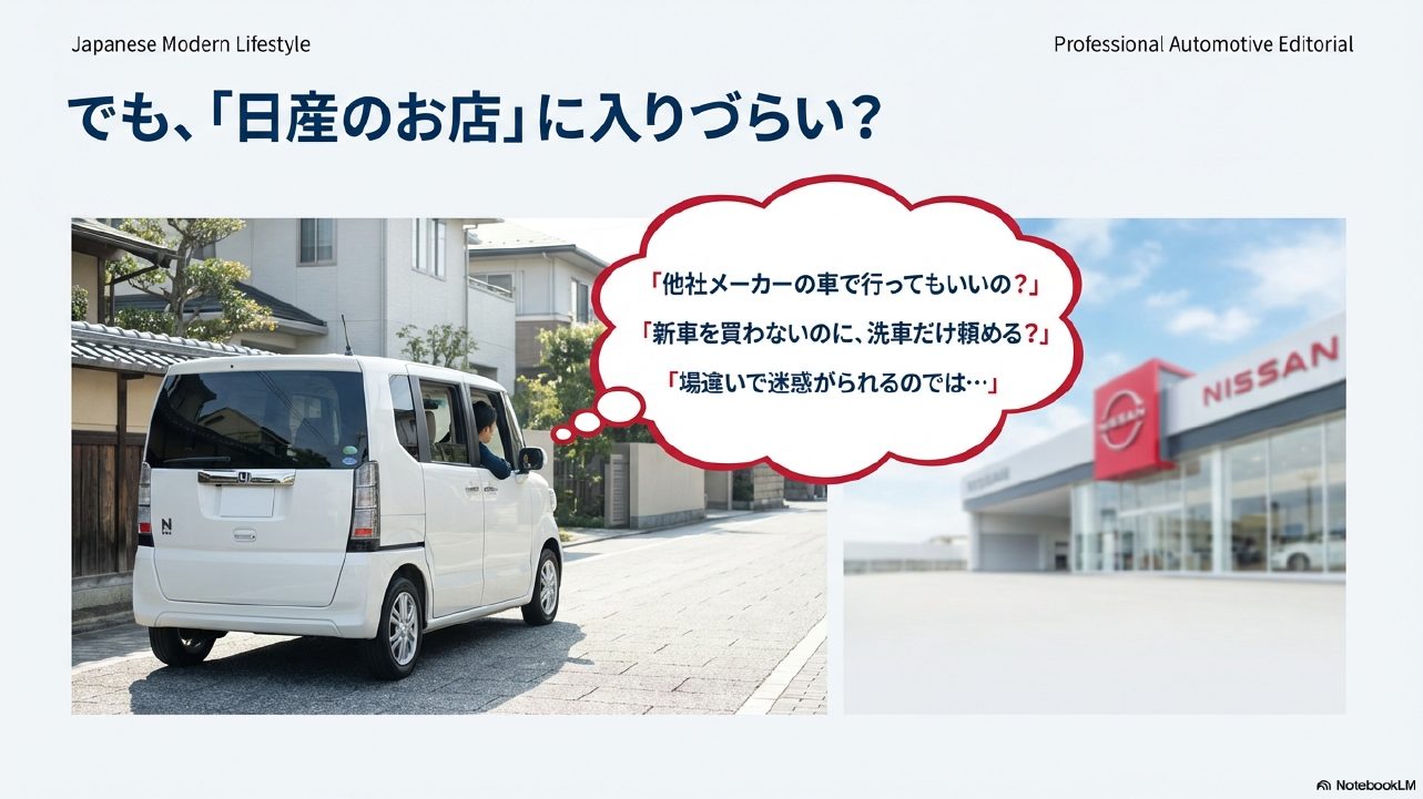 日産の店舗前に停まる他社メーカーの軽自動車と、洗車だけで入店することへの不安を表す吹き出し