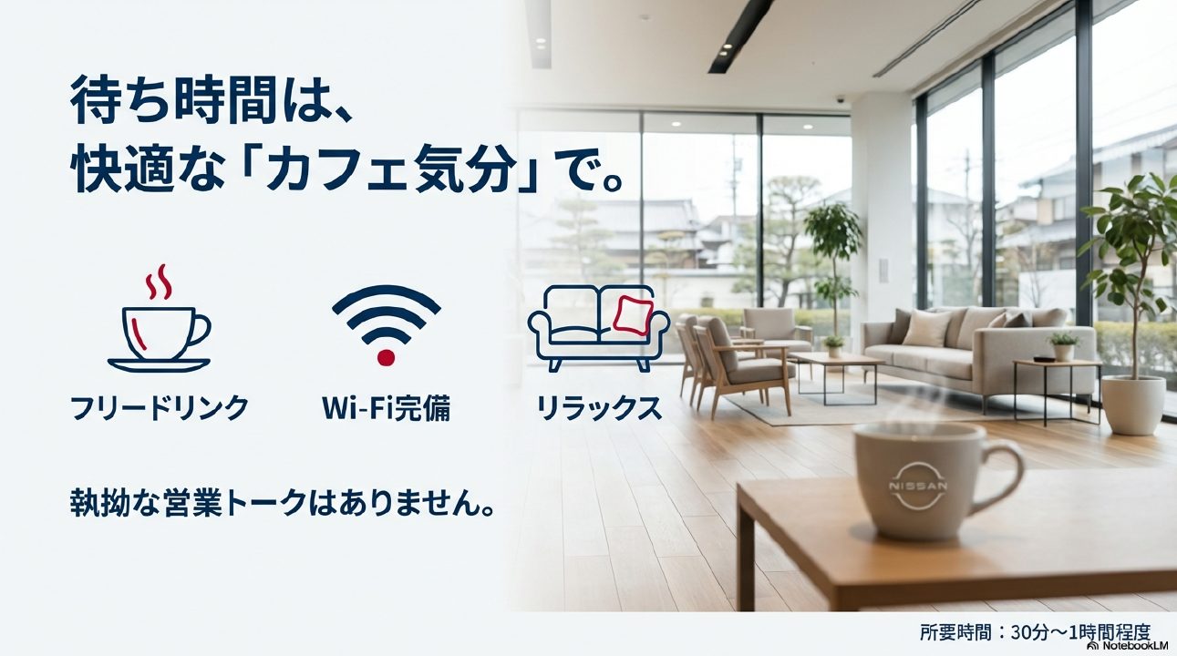 カフェのように快適な日産ディーラーの待合スペース、フリードリンク、Wi-Fi完備を示すアイコン