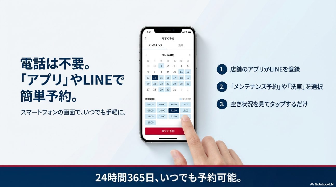 スマートフォンアプリやLINEを使って、カレンダーから空き状況を確認し洗車予約を行う手順の画面イメージ